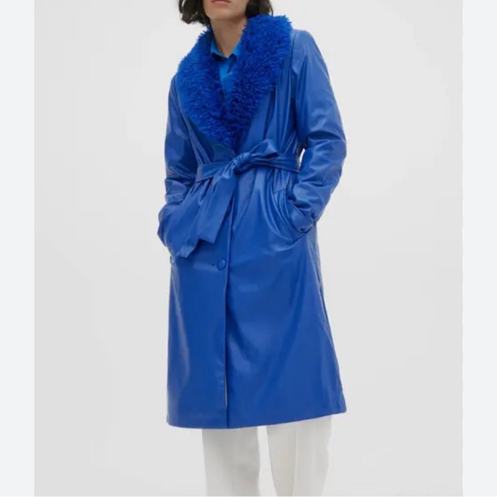Noise x Tezza Cole Sapphire Faux Leather Trench with Shearling Collar Size Small